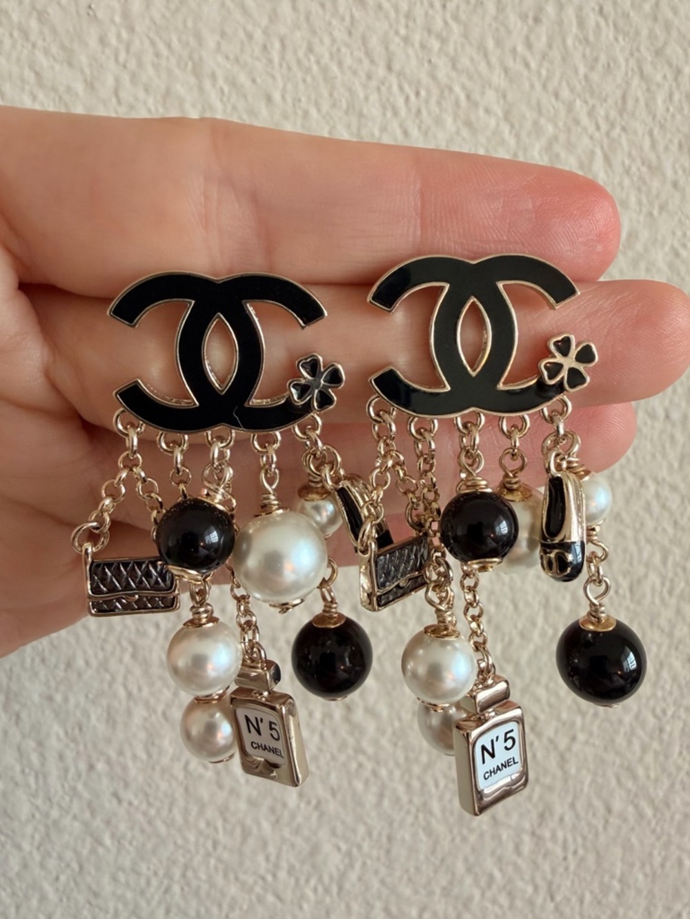 🖤Chanel CC Charm Drop Earrings Pearl, Black Bead & No.5 Bottle Statement🤍